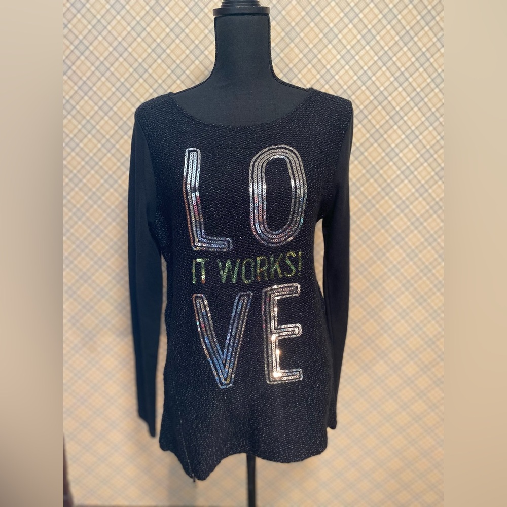 It Works Black Sequin “Love It Works” Side Zip Sweaters